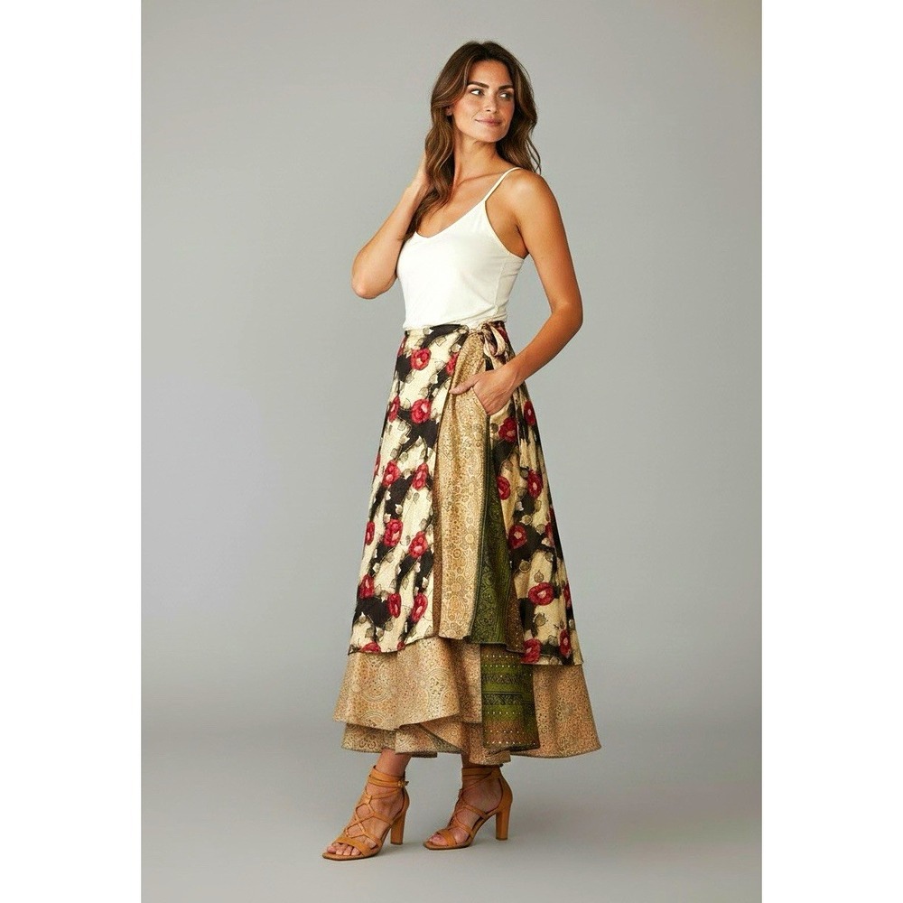 Womens Beige Floral Wrap Midi Skirt Silk Satin Sequin Accents Tie Closure M